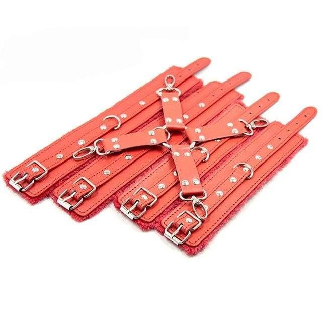 X - PU Leather Plush BDSMCross Buckle Handcuffs Ankle Cuffs Adjustable Slave Cross Cuffs Bondage Restraints - Red